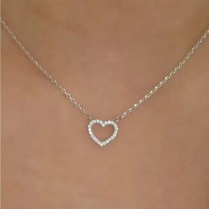 Silver Heart Pendant Necklace Crystal Rhinestone Delicate Dainty Minimalist